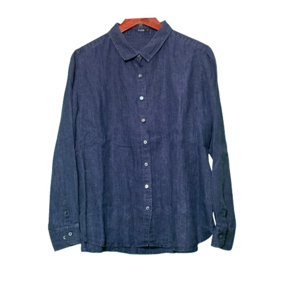 NWOT Blue Denim Linen VIVID Button-Down Shirt Size L (BB1024)